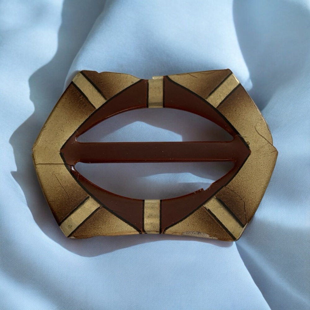 1920’s Celluloid Elegant Brown and Gold Women's Belt Buckle or Scarf Clip